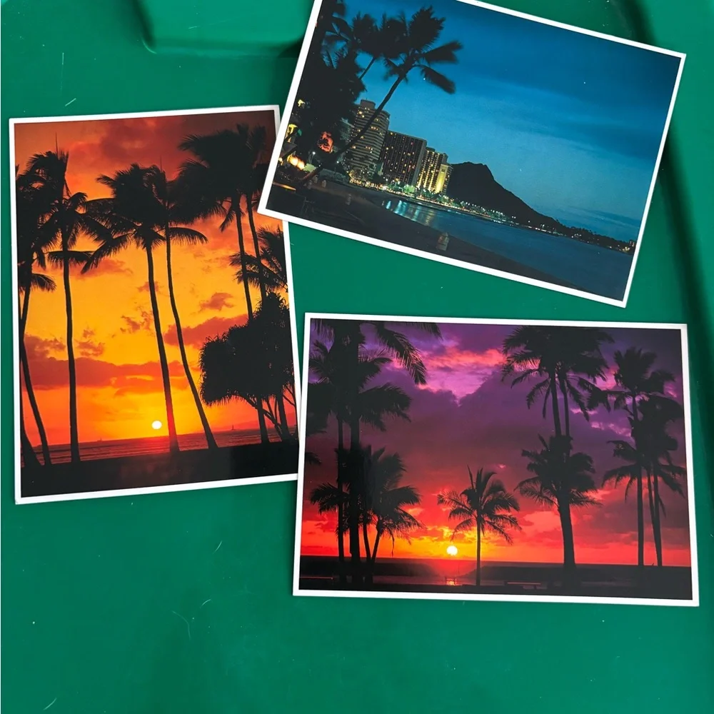 3 Vintage 1976 Hawaiian Tropical Sunset Postcards Vibrant Palm Silhouettes